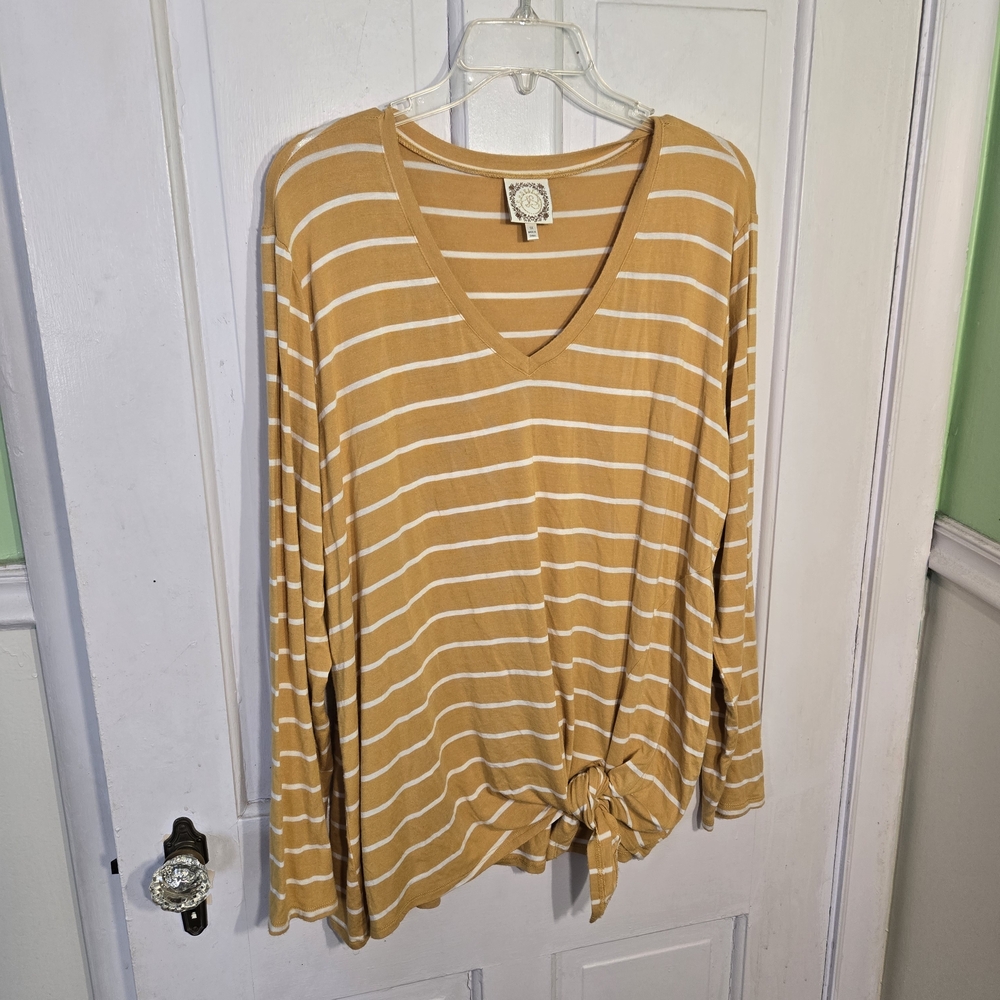 Truself Mustard Striped V-Neck Long Sleeve Top Size 1x